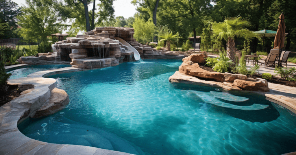 pool in Magnolia TX with large rock waterfall with slide and rock garden
